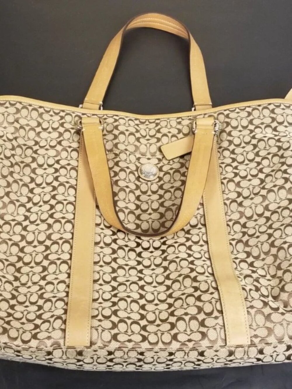 Coach Women’s Large Khaki Brown Signature Jacquard Tan Leather Trim Zip Top Tote